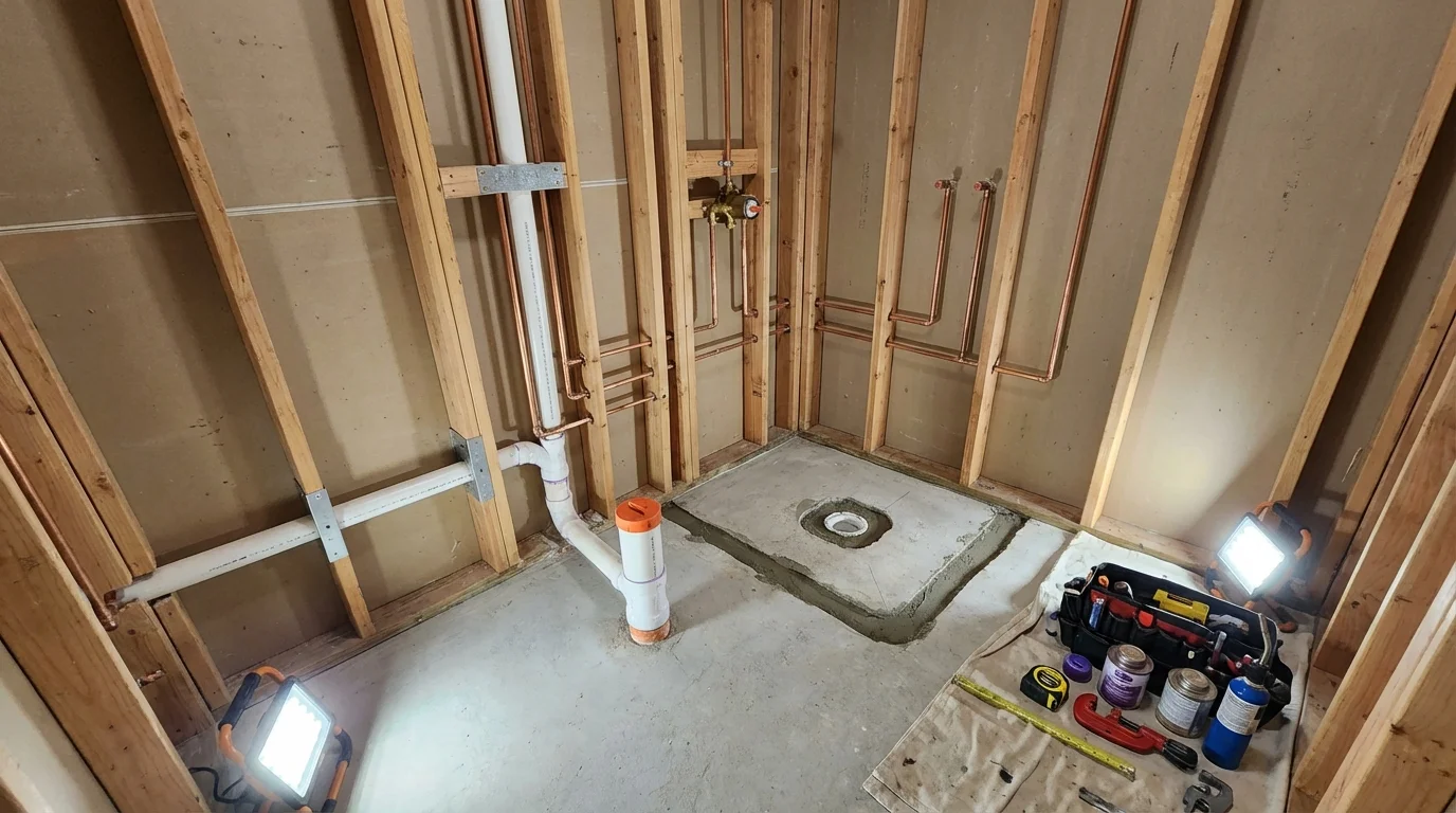 Bathroom rough-in plumbing during remodel by Johns Plumbing LLC in Gonzales
