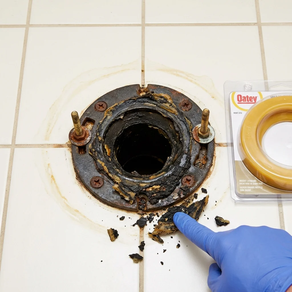 Failed wax ring showing water seepage at the base of a toilet in a Gonzales, LA home