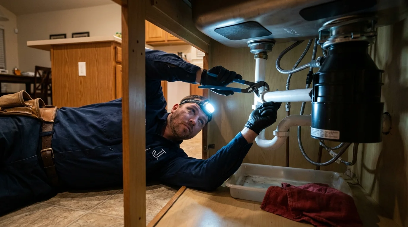 P-trap and supply line connections under a kitchen sink showing a common leak point in Gonzales, LA
